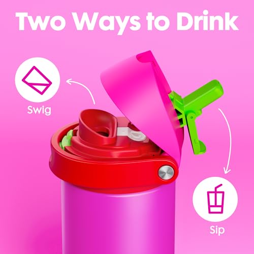 Image of Meoky 2 Pack 18 oz Insulated Kids Water Bottle for Gym | 2-in-1 Straw and Spout Lid, Leak Proof, Stainless Steel, Fits in Car Cup Holder, BPA-Free, All the Berries & Starry Lilac