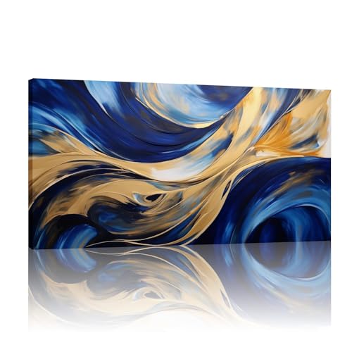 Toile bleue abstraite et feuille d'or 80x160 cm avec cadre intérieur pour salon