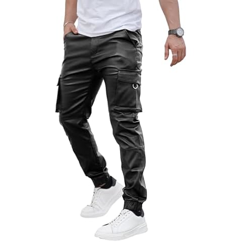 GINGTTO Mens Cargo Pants Slim Fit Black Leather Joggers Pants Men,Motorcycle Pants Mens 34 Cover