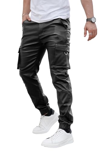 GINGTTO Mens Cargo Pants Joggers Leather Pants for Men Slim Fit