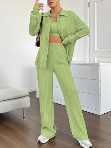 Image of Shasmi Women's 3-Piece Co-ord Set - Solid Button Front Shirt, Strapless Tube Top & Wide Leg Pants | Casual Loose Fit Western Outfit for Daily Spring /Fall Wear (Co-Ord-208)