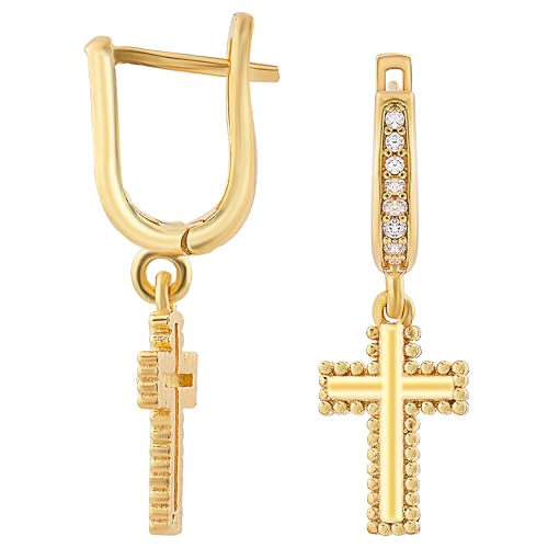 18K Gold Vermeil Cross Huggie Hoop Earrings, Religious Jewelry, Gold Cross Earrings, Dangle Christian Jewelry, Birthday Gift