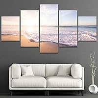 5 Panel Canvas Wall Art Wave of Blue Ocean on Sandy Beach Pictures Modern Artwork for Home Decorations Ready to Hang - 60