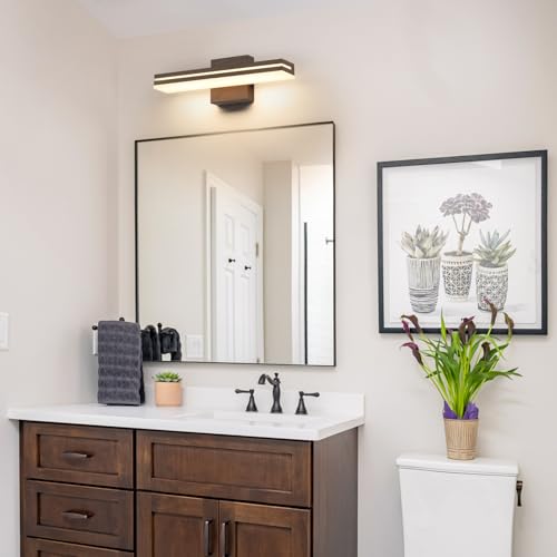 Image of SineRise LED Modern Bathroom Vanity Light Fixtures (16-Inch, 3000K /4000K /6000K, Dimmable), Brown Wood Painted Modern Acrylic Bathroom Wall Lighting Fixtures Over Mirror