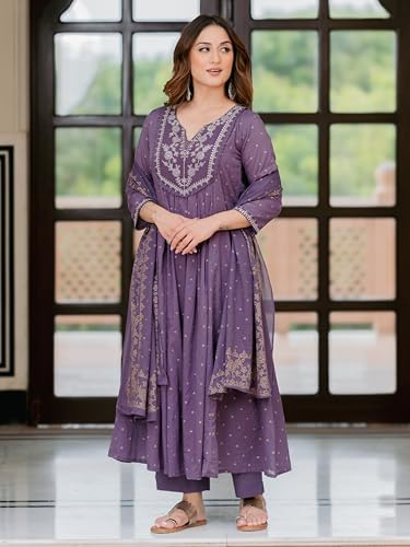 Image of Arayna Women's 100% Pure Cotton Anarkali Kurta Set with Pant & Dupatta | Embroidered Flared Kurta | Elegant Ethnic Suit