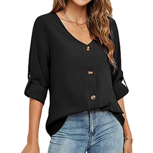 DGHM-JLMY Ladies Loose Solid V-Neck Shirt Single-Breasted Blouses Sweatshirts Tees Roll Up Sleeve Casual Button Down Shirts