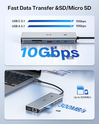 Image of USB C Docking Station 3 HDMI, Selore 13-in-1 Docking Station 3 Monitors with Triple HDMI, 10Gbps USB A /C 3.1, 100W PD Charging, Gigabit Ethernet, SD /microSD Reader for Windows Laptops Dell /HP /Lenovo