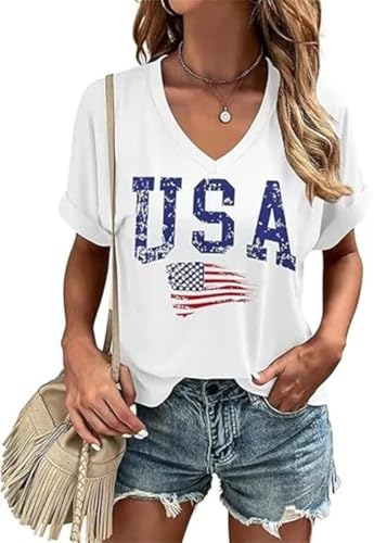 USA Flag V-Neck Shirt Women Star and Stripes Graphic Tops Red White and Blue Short Sleeve Tee Summer Patriotic T-Shirt