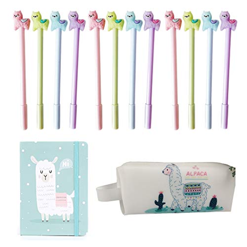 Amycute 14 piezas Set de Papelería Lindo Alpaca, Cuaderno Estuche Lápiz y azul rosa morado Bolígrafo Gel Pens para Regalo de Niños Escuela