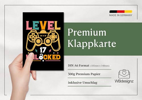 Geburtstagskarte „Level 17 Unlocked“ (mit Umschlag) – Gamer Karte für Teenager Jungen & Mädchen – lustige Gaming Karte zum 17. Geburtstag (DIN A6)