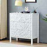 Picture of weselon White 3 Drawer Dresser, Wide Chest of Drawers with Storage, Accent Nightstand Cabinet Luxury Carving Dresser for Bedroom Hallway Living Room Entryway Office (1, White)
