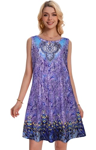 Image of Summer Dresses for Women Beach Boho Sleeveless Vintage Floral Flowy Pocket Tshirt Tank Sundresses 2026