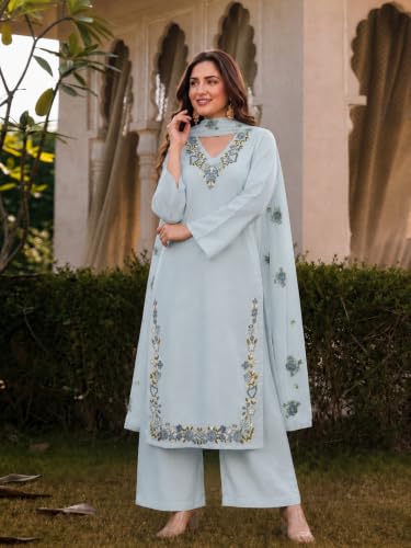 Image of ANNI Designer Kurta Sets for Women Viscose Blend Embroidered | Kurta Palazzo Dupatta Set | Designer Kurti Set for Women | V Neck Full Sleeve Ethnic Suit | Indian Kurta Outfit with Palazzo Pants