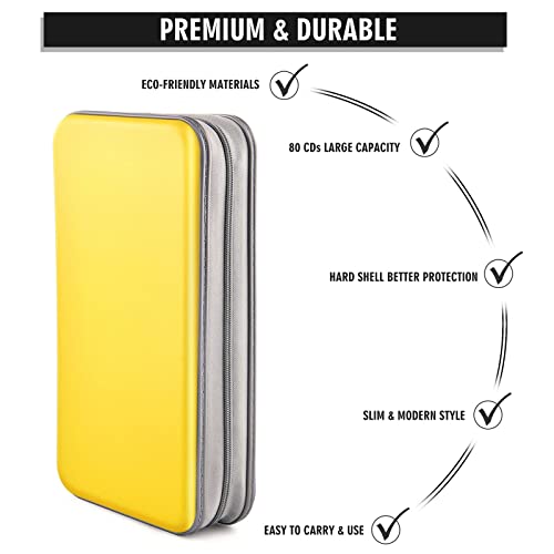 Bivisen 80 Capacity Cd/Dvd Case Storage Holder Binder Organizer Portable Zipper Hard Plastic Cd/Dvd Cases Organizer Wallet Book For Car Home Travel (Yellow) #TOP2
