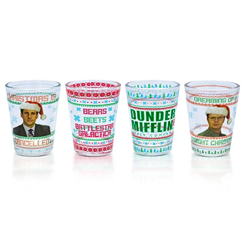 The Office Dunder Mifflin Holiday 2-Ounce Mini Whiskey Shot Glass Cups, Set of 4 | Home Bar...