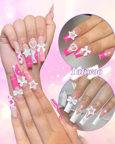 BPTRKOM 12 Quadrate 3D Nagel Charms - für Nagel Design Set Weiße Nagel Schleifen Diverse Perlen Herz Stern für Frauen Mädchen Nagelhandwerk Kunstdekorationen DIY(Weiß)