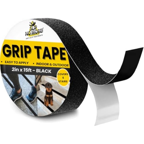 Grip Tape - Heavy Duty, Anti Slip Traction Tape Black 2in x 15ft. Waterproof, Non Skid Tape for Stairs &amp; Ramps. Strong Adhesive Traction Tape for Indoors/Outdoors. Friction Tape Covers 5 Stairs.