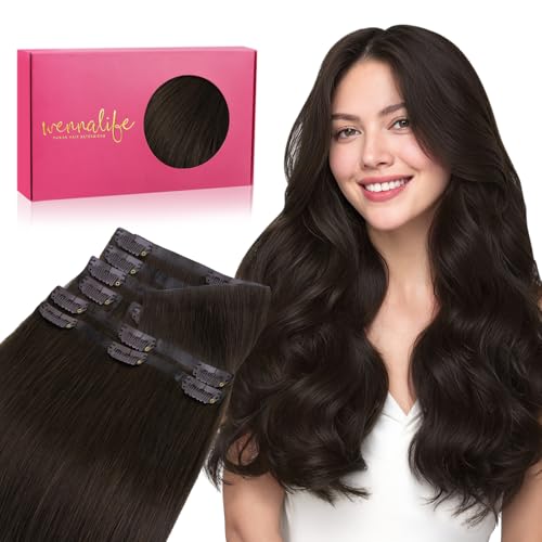 Image of WENNALIFE Invisible Edge Seamless Clip in Hair Extensions Real Human Hair | 24'' 160g 7pcs Light Dark Brown. Ultra-Thin PU Weft, Easy Clip On Extensions, Comfortable