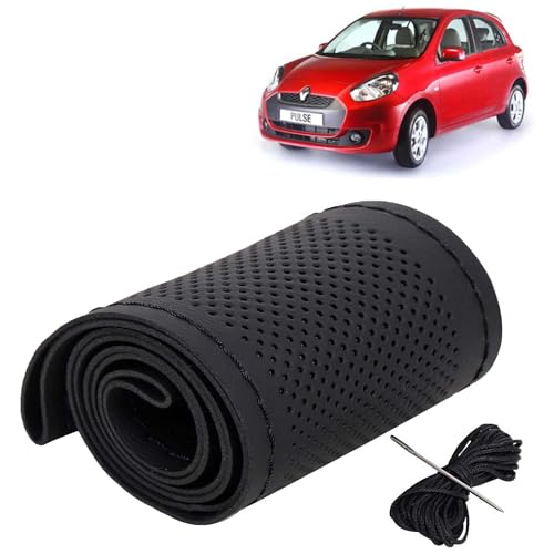 Image of KINGSWAY PU Leatherite Car Steering Cover Sewable Compatible with Renault Pulse (Year 2012-2018), Black Color with Black Thread, Pack of 1 with Sewing Needle and Thread