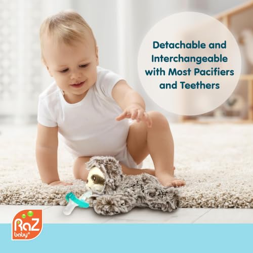 Image of RaZbaby RaZbuddy Stuffed Animal Pacifier Holder for Newborns & Up, Made in the USA, Detachable Orthodontic JollyPop Pacifier, Medical-Grade 100% BPA-Free Silicone, Baby Shower, 0 Months+ (Triceratops)