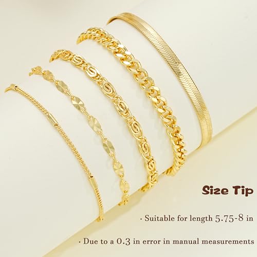 Gold Bracelets for Women, Dainty 14K Gold Plated Stackable Link, Trendy Adjustable Cuban Beaded Gold Chain Bracelet Stack Set4