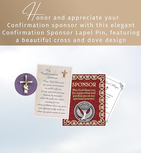 Confirmation Sponsor Pin Card - Coin Style Confirmation Sponsor Lapel Pin with Card, Catholic Emblem with Cross and Dove Design, The Lord's Prayer Card - Set of 3 Items2