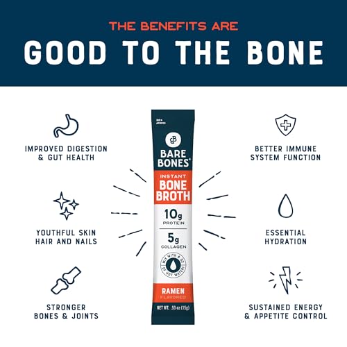 Bare Bones Bone Broth Instant Powdered Beverage Mix, Ramen, Pack of 16, 15g Sticks, 10g Protein, Keto & Paleo Friendly, Non-GMO, Gluten-Free, Dairy-Free