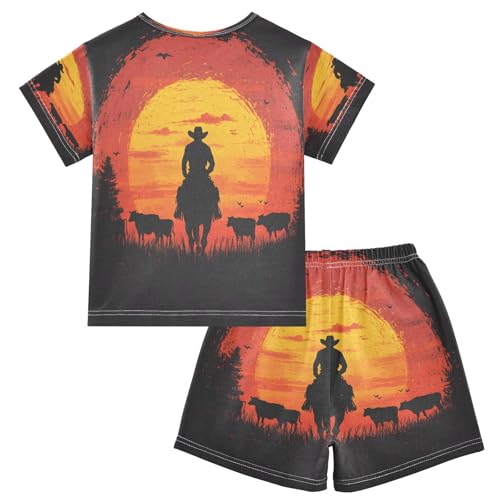 ALAZA Cowboy Herd Sunset Pajamas Set Short Sleeve Cotton Sleepwear Summer Pjs 2 Piece 5-14Y2