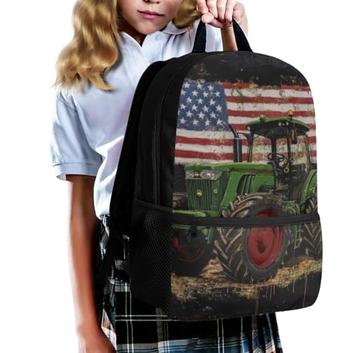 Green Tractor Backpack for Little Boys America Flag Print School Bag for Kids 17 Inch Polyester Bookbag with Front Zipper Pocket for Primary School3