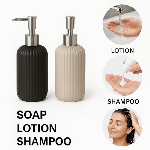 Image of LAGET 300ml Soap Dispenser for Wash Basin -Ribbed Design | Kitchen and Bathroom Accessories Items | Liquid Handwash Dispenser Bottle Chrome Finsih Top- Set of 2 (Black and Grey)