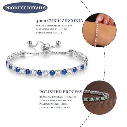 Birthstone Bracelet for Women, Silver Tennis Bracelets with Cubic Zirconia Adjustable Slider Bracelet Birthday Mother's Day Graduation Gifts for Her Mom Wife Girlfriend3
