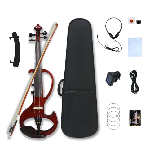 YoungMonic Electric Violin 4/4 Full Size Silent Violin Set for Beginner Adults Teens, Solid Wood Metallic Electronic Quite Violin with Ebony Fittings, Red (01)