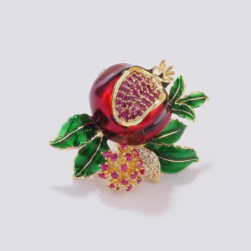 Image of luxurious pomegranate flower women brooch inlaid with cubic zirconia exquisite enamel fruit ruby and green leaf design backpack badge jacket hat dress anti light pin birthday jewelry gift