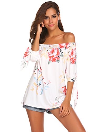 Qearal Women's Floral Printed Long Sleeve Off Shoulder Casual Tops T-Shirt (White, S)