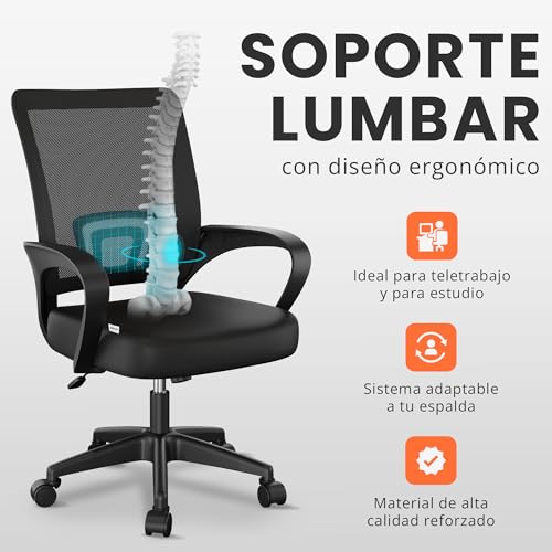 JUPPLIES Silla Escritorio Ergonomica - Silla Oficina con Apoyo Lumbar, Estructura de Plastico, Malla Transpirable, Ruedas Giratorias 360° Soporta hasta 110kg - imagen 6