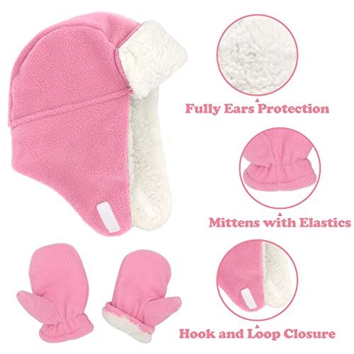 Image of Baby Winter Hat Mittens Toddler Hats for Boys Girls Sherpa Lined Toddler Gloves Infant Baby Hat and Mitten Set, Pink Toddler, 4-7 Years