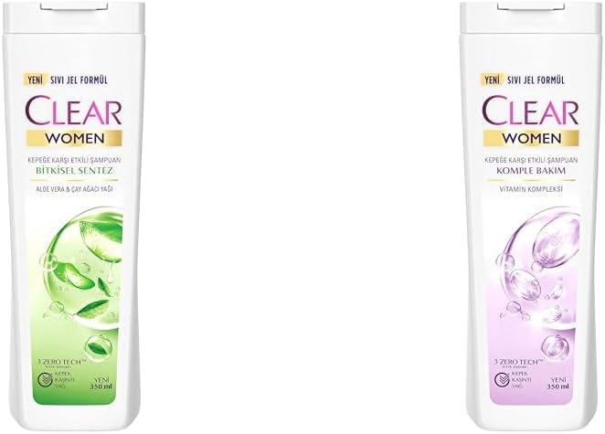 Clear Women Kepeğe Karşı Etkili Şampuan Bitkisel Sentez Aloe Vera & Çay Ağacı Yağı 350 ml(2) Clear Women Komple Bakım Vitamin Kompleksi Kepeğe Karşı Etkili Şampuan 350 ml(1)