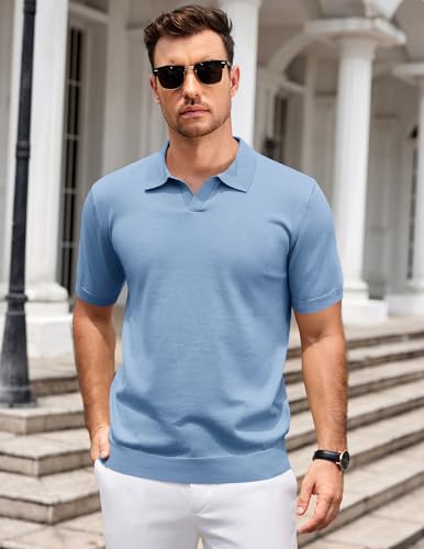 Image of COOFANDY Men's V Neck Short Sleeve Stretch Knit Polo Shirt