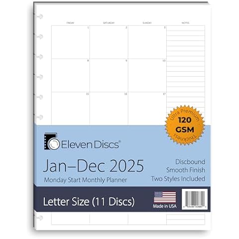 2025 Monthly Planner, Monday Start, Letter Size, 2 Styles (Separated, Booklet), Premium Discbound Notebook Paper for Circa, Arc, TUL (38 Sheets) Cover