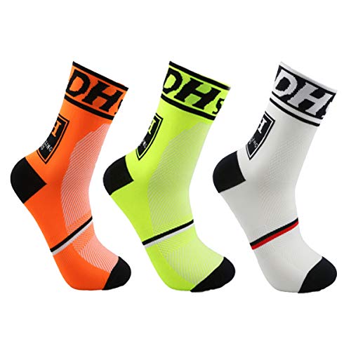 Men's Cycling Socks Unisex Breathable Sports Running Trekking Athletic Basketball Socks (3 Pairs(white+green+orange))