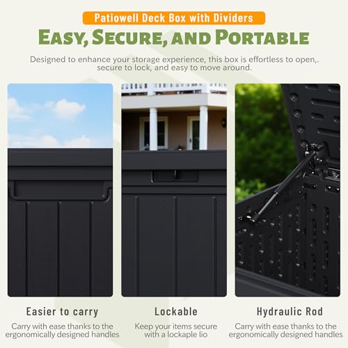Patiowell 150 Gallon Large Outdoor Storage Box, Waterproof Deck Box with Fixed Divider, Lockable and Durable Patio Storage Solution for Patio Furniture and Garden Tools (Black)
