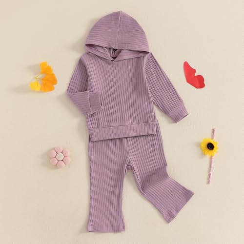 Toddler Baby Girl Clothes Ribbed Long Sleeve Hooded Sweatshirts and Bell Bottoms Pants Infant Fall Winter Outfit2