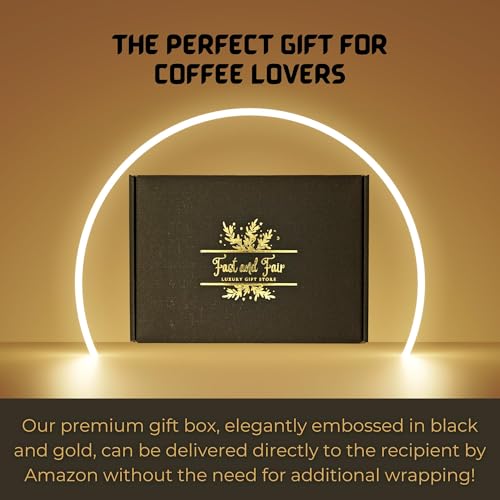 Fast and Fair UK Coffee Gift Set - Variety Selection of Lyons Coffee Bags Bundled with Border Biscuits and Indulgent Caramel Stroopwafels - 18 Items in Gold Embossed Gift Box