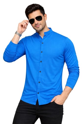 Image of Blisstone Men's Band Collar Shirt - Full Sleeve Slim Fit Casual Cotton Blend Mandarin Collar Button Down Shirt