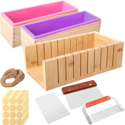 Honeydak 2 Pcs Soap Molds Making Kit 42 oz Silicone Loaf Soap Mold Set with Stainless Steel Wavy & Straight Slicer 50 Bags 60 Stickers 32.8 ft Rope for Homemade Craft Making Supplies