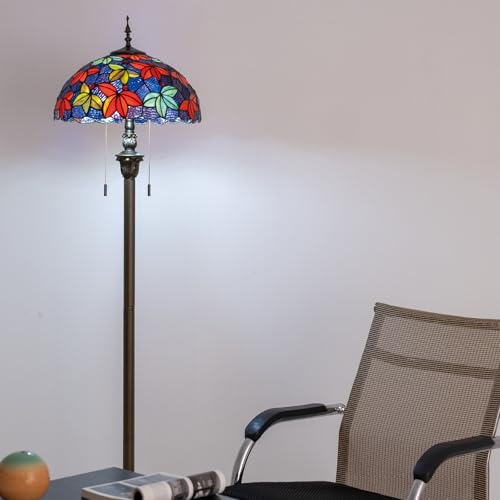 Image of Tiffany Floor Lamp, 16 inch Stained Glass Red Green Maple Leaf Shade with Antique Bronze Base, 2-Light E26 Pull Chain Standing Reading Light for Living Room Bedroom16x16x64 Inches