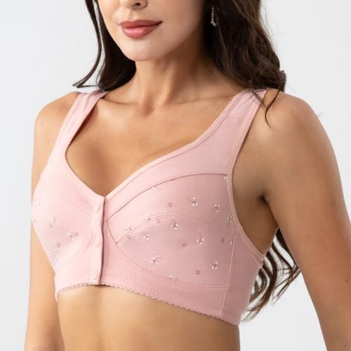 Image of Comfortable Daisy Bra for Seniors,CharmFront Snap Closure Cotton Bras Front Close Bras for Older Women no Wire Pink 36
