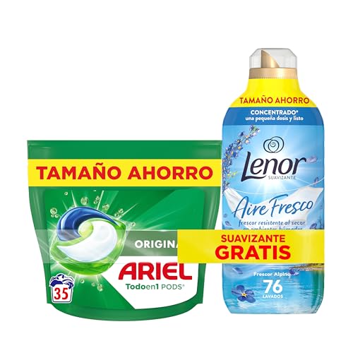 Ariel Todo En 1 PODS, Detergente Líquido Para Lavadora 35 Capsulas/Pastillas, Original, 5 Acciones, Limpieza Increíble + Lenor Aire Fresco Suavizante Para Ropa Frescor Alpino 76 Lavados, 1.064L