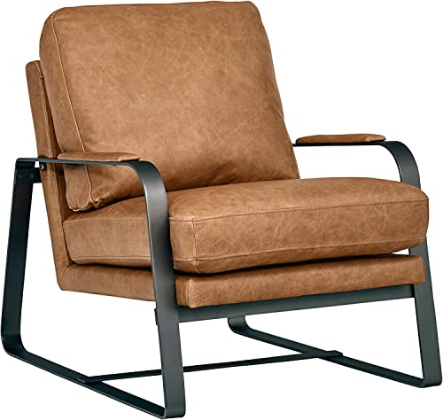 Amazon Brand – Rivet Summit Mid-Century Modern Leather Accent Chair with Steel Arms, Cognac Brown, 35'D x 27.2'W x 27.6'H