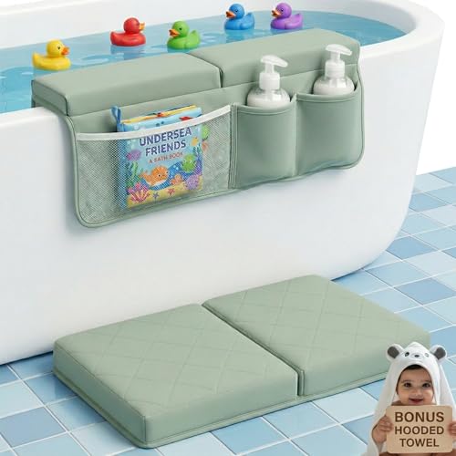 Image of 2inch XL Baby Bath Kneeler and Elbow Rest Pad Set + Hooded Towel - Embroidered Kneeling Pad for Bathing Baby - Dual-Layer Memory Foam Bathtub Kneeler and Elbow Rest Set